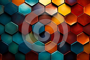 Colorful hexagonal 3d shape texture background. blue, orange and yellow color palette