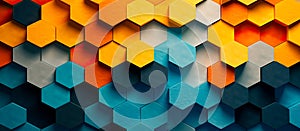 Colorful hexagonal 3d shape texture background. blue, orange and yellow color palette