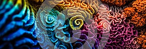 colorful high detailed macro image of sea corals, vivid multicolor textured wallpaper background of sea life corals reef