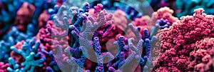 colorful high detailed macro image of sea corals, vivid multicolor textured wallpaper background of sea life corals reef