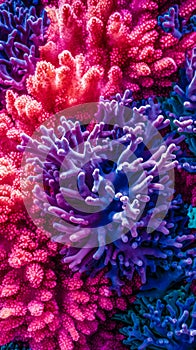 colorful high detailed macro image of sea corals, vivid multicolor textured wallpaper background of sea life corals reef