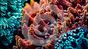 colorful high detailed macro image of sea corals, vivid multicolor textured wallpaper background of sea life corals reef