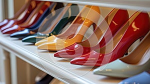 Colorful High Heel Pumps on Shelf in Boutique Store