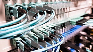 Colorful high speed optical fiber cables connected to the cloud network servers equipment switch inside modern big data center