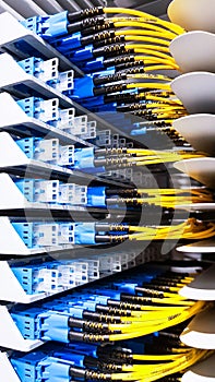 Colorful high speed optical fiber cables connected to the cloud network servers equipment switch inside modern big data center