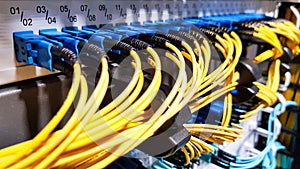 Colorful high speed optical fiber cables connected to the cloud network servers equipment switch inside modern big data center