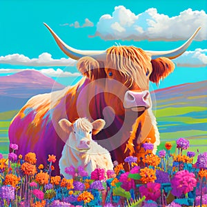 Colorful Highland cow and calf i