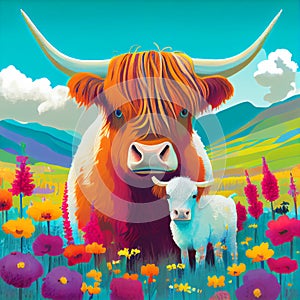 Colorful Highland cow and calf illustration colourful field of flowers