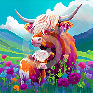 Colorful Highland cow and calf painting