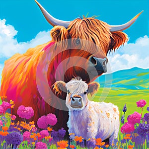 Colorful Highland cow and calf painting