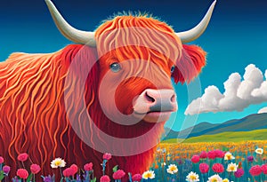 Colorful Highland cow illustration blue sky