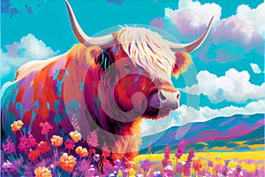 Colorful Highland cow illustration colourful field of flowers