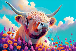 Colorful Highland cow illustration colourful field of flowers