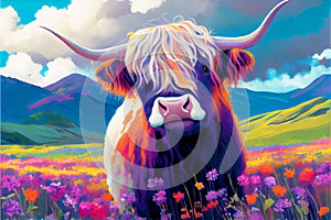 Colorful Highland cow illustration colourful field of flowers