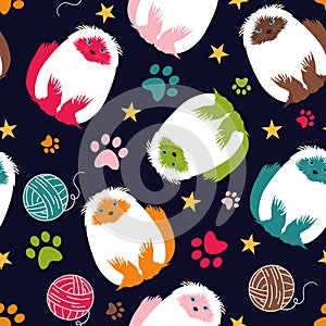 Colorful Himalayan cat seamless pattern background with cat paw print, Yarn Ball and star. Cartoon cat kitten background.