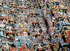Colorful hindu statues on temple walls