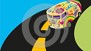 Colorful hippie bus on the road template background
