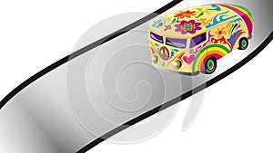 Colorful hippie bus on the road template background