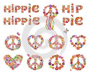 Colorful hippie flowers lettering and hippie peace symbols collection with flower power for t shirt print, party poster and other