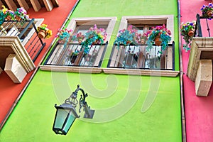 Colorful historic buildings in the center of the old city Barrio Antiguo at a peak tourist season photo