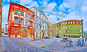 Colorful historic buildings on Zelny Trh Cabbage Market square, on March 10 in Brno, Czech Republic