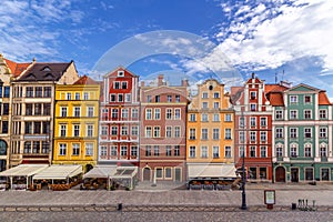 Colorful historic tenement houses in the Old Town of Wroclaw city in Poland