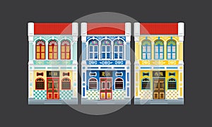 Colorful and historical colonial style double storey terrace houses. Isolated.