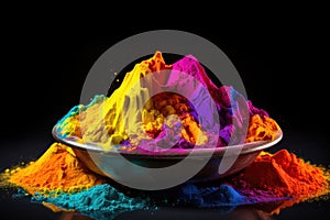 Colorful holi powder on black background. Indian festival Holi, Colorful Holi powder for the Holi festival against a black