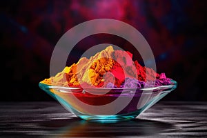 Colorful holi powder in glass bowl on black background with copy space, Colorful Holi powder in a bowl on a dark background,