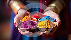 Colorful holi powder in hands of woman, AI