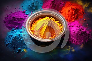 Colorful holi powder in a metal bowl on black background, Colorful Holi powder in a bowl on a dark background, panoramic shot, AI