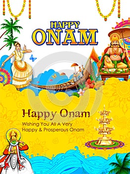 Colorful holiday banner background for Happy Onam religious festival of South India Kerala