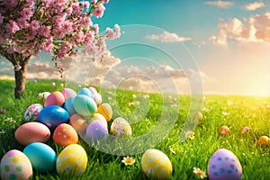 Colorful holiday eggs in green grass on a spring sunny lawn