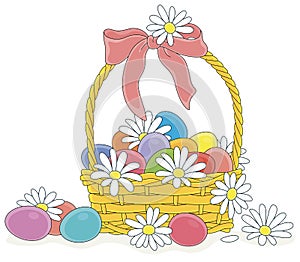 Easter basket with flowers and painted eggs
