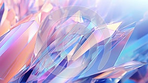 Colorful holographic background with glass shards and rainbow reflections in blue and peach