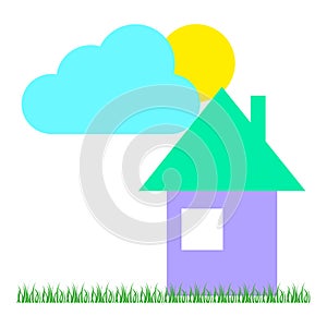 Colorful home illustration. Vector sunny landscape. Simple house and cloud.