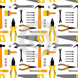 Colorful home repair and house renovation seamless pattern with construction work tools. Hand instrument: hammer