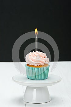 Colorful Homemade Birthday Cupcake With One Burning Candle. Copy