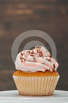 Colorful Homemade Cupcake On White Stand. Copy Space.