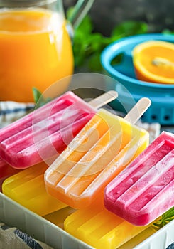 Colorful Homemade Fruit Popsicles on a Summer Day With Fresh Orange Juice in the Background