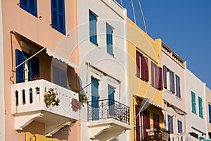 Colorful homes with balconies