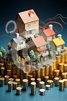 In a colorful homes, a cluster of vibrant houses stands atop a mountain of coins, symbolizing a safe and prosperous future