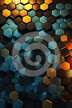 colorful honeycomb hexagon 3d background, geometry texture pattern, futuristic geometric design, green, blue and orange