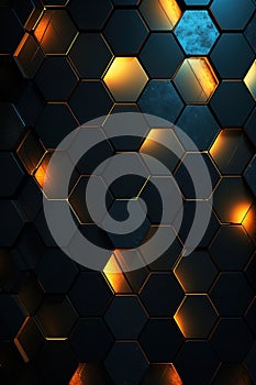 colorful honeycomb hexagon 3d background, geometry texture pattern, futuristic geometric design, green, blue and orange