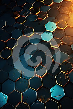colorful honeycomb hexagon 3d background, geometry texture pattern, futuristic geometric design, green, blue and orange
