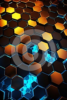 colorful honeycomb hexagon 3d background, geometry texture pattern, futuristic geometric design, green, blue and orange