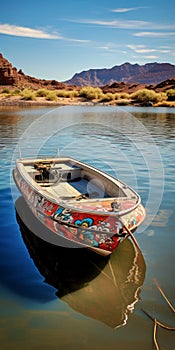 Colorful Hopi Art Inspired Fishing Boat With Chrome Reflections