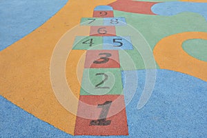 Colorful hopscotch made on the floor of a playground