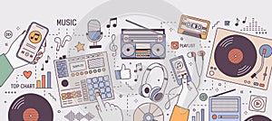 Colorful horizontal banner with hands and devices for music playing and listening - player, boombox, radio, microphone