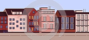 Colorful horizontal cityscape banner vector flat illustration. Modern urban architecture landscape city view. Street of